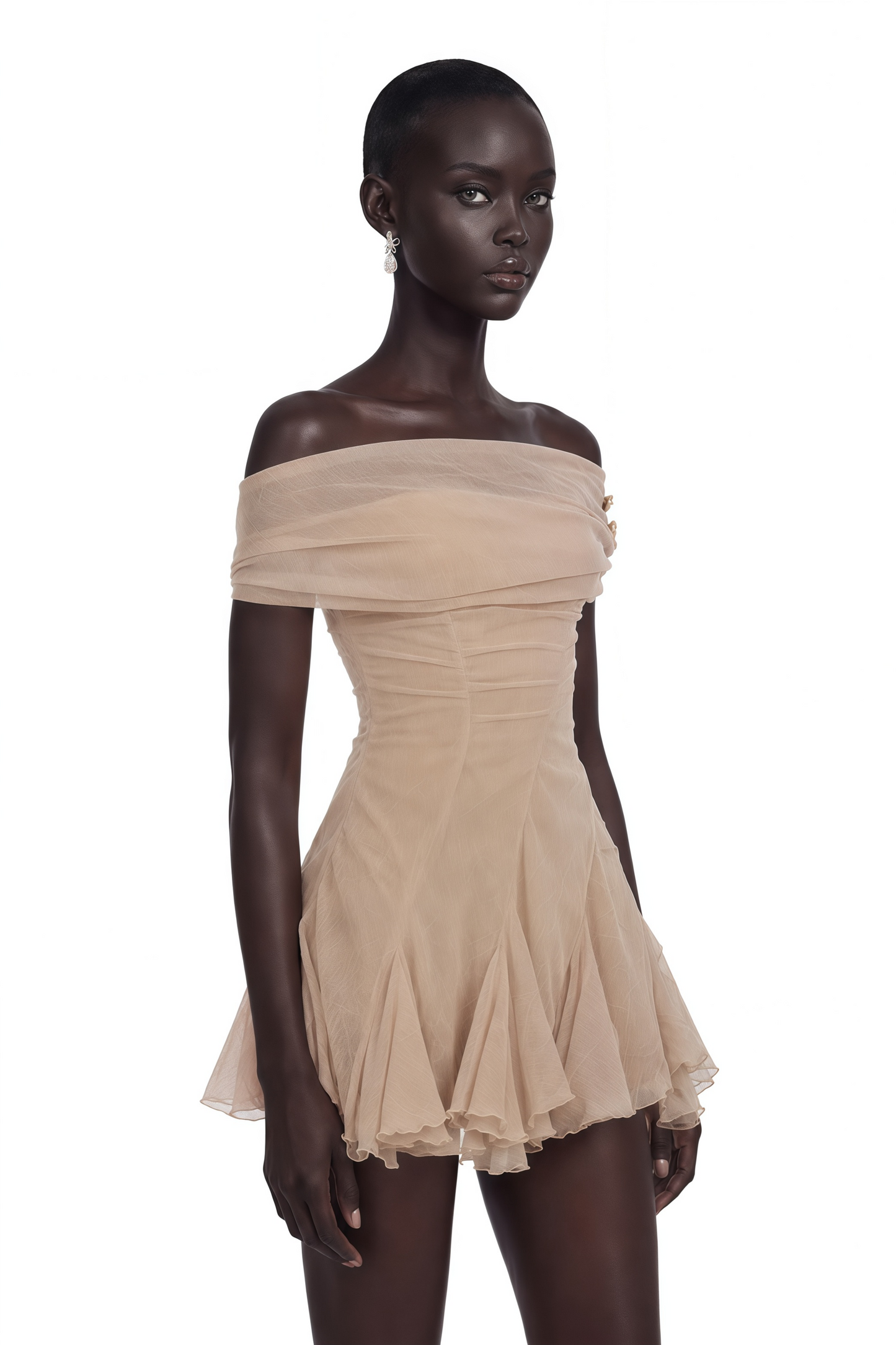 Tatiana Neutral Mesh Ruffled Mini Dress