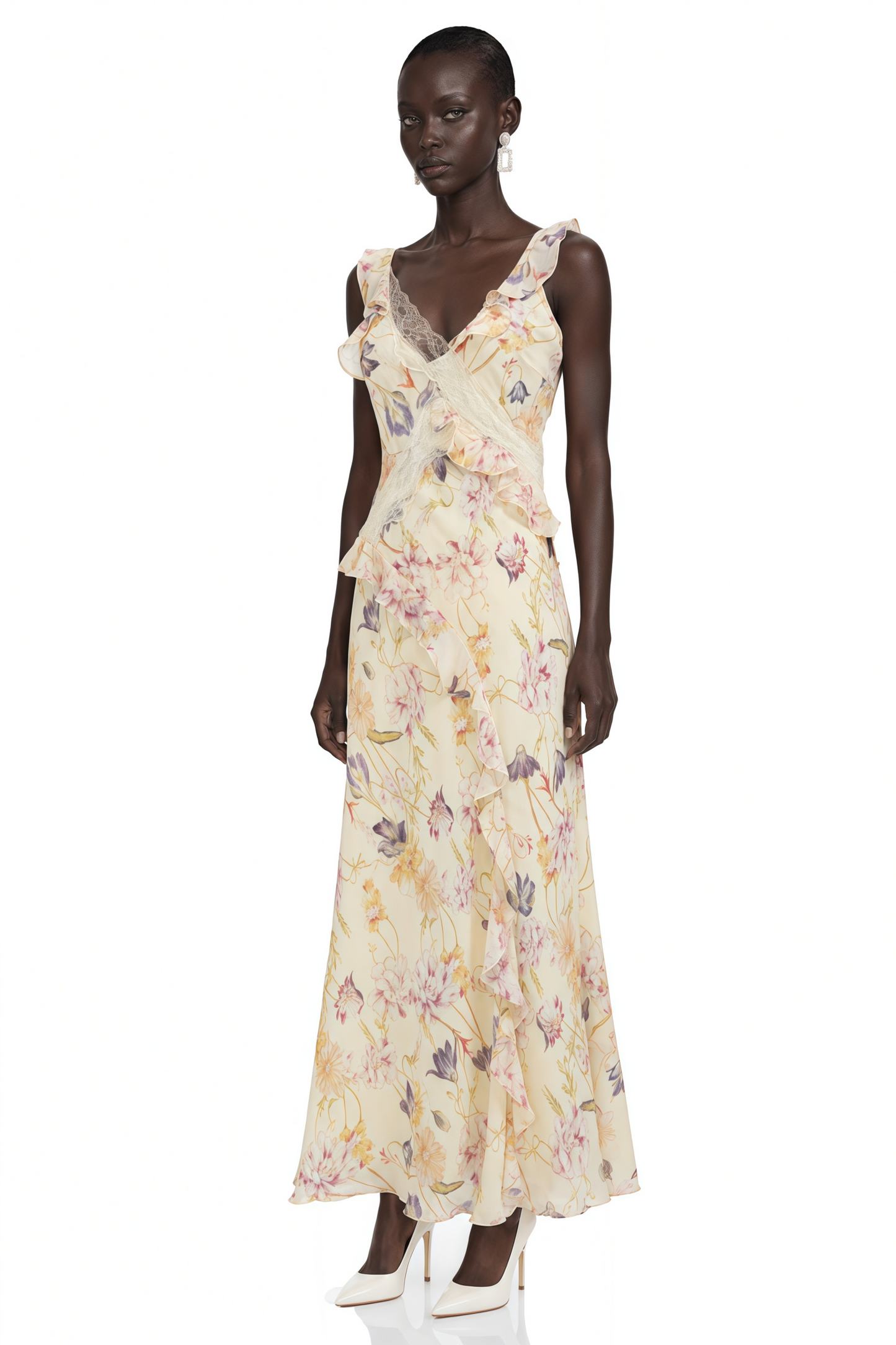 Teresa Cream Floral Print Midi Dress with Lace Panels