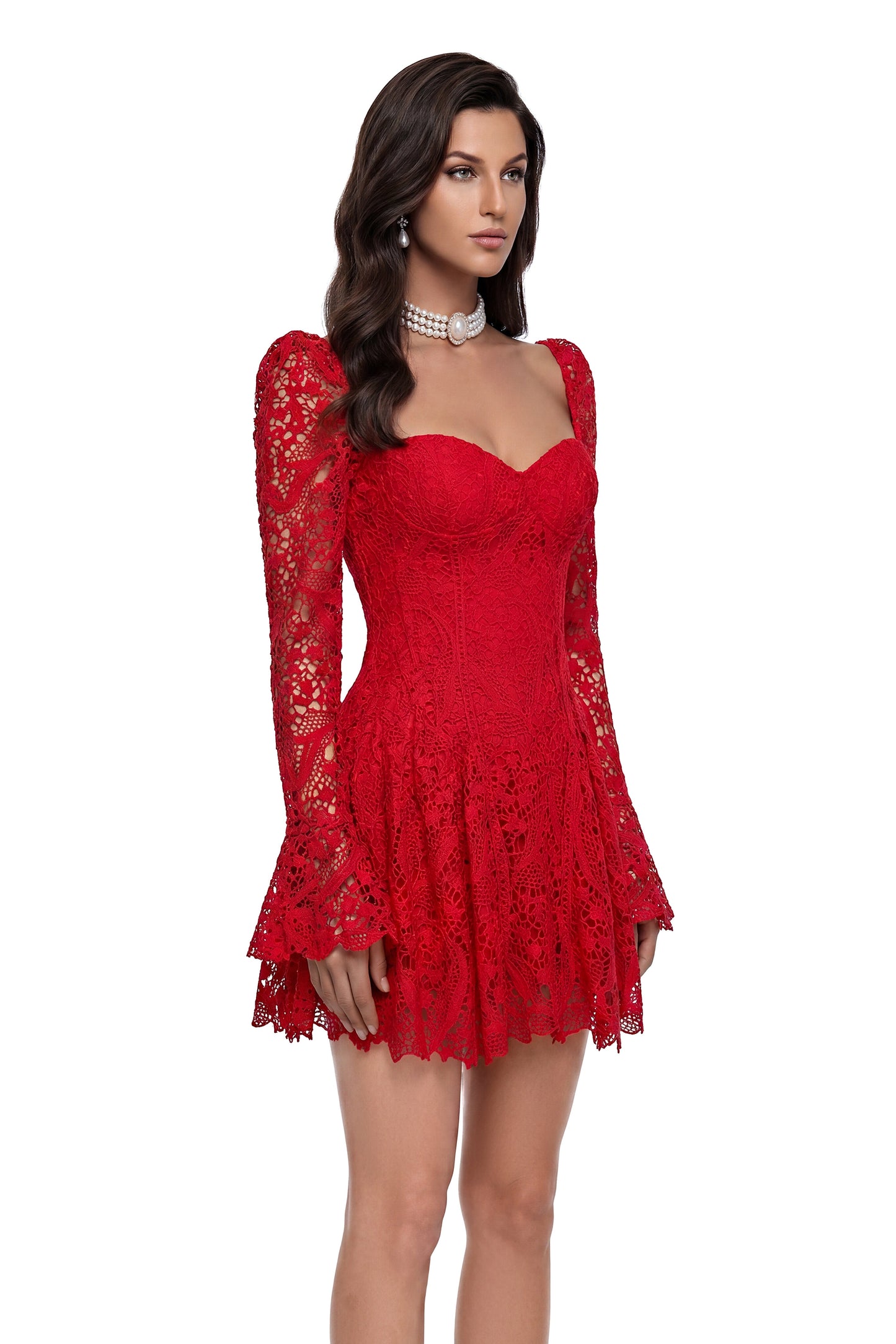 Tereza Red Ruched Lace Mini Dress