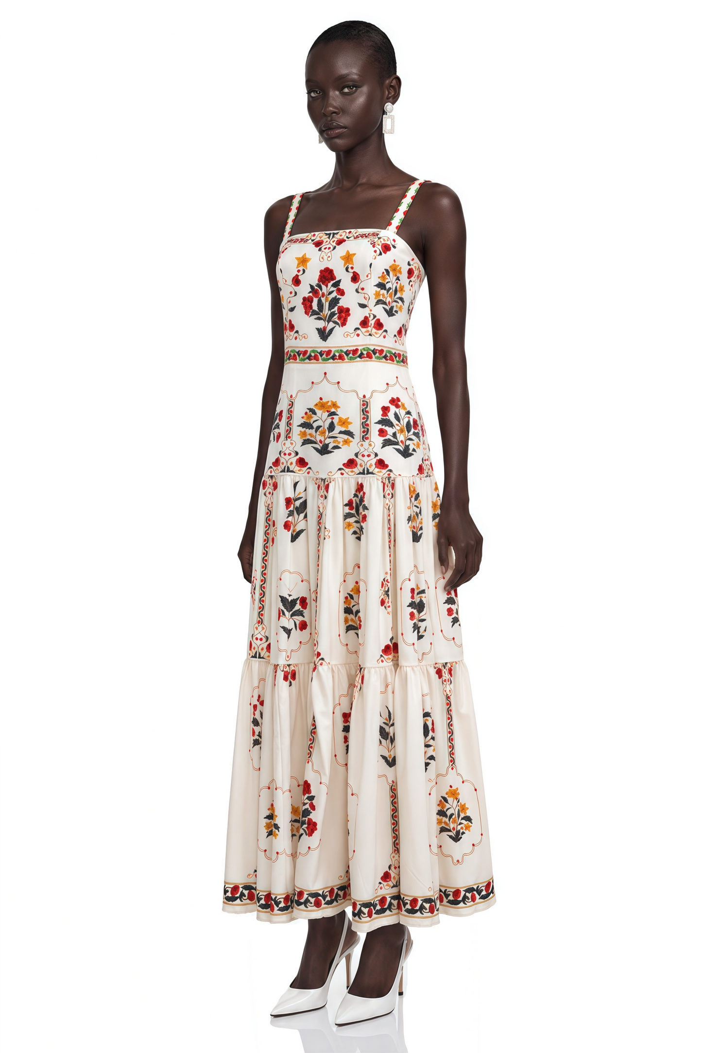 Delilah Cream Floral Print Midi Dress with Spaghetti Straps