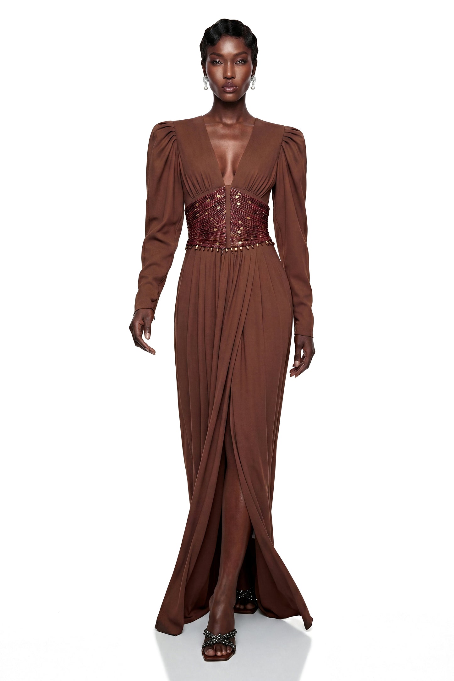 Vasilisa Brown Deep V-Neck Ruched Maxi Dress