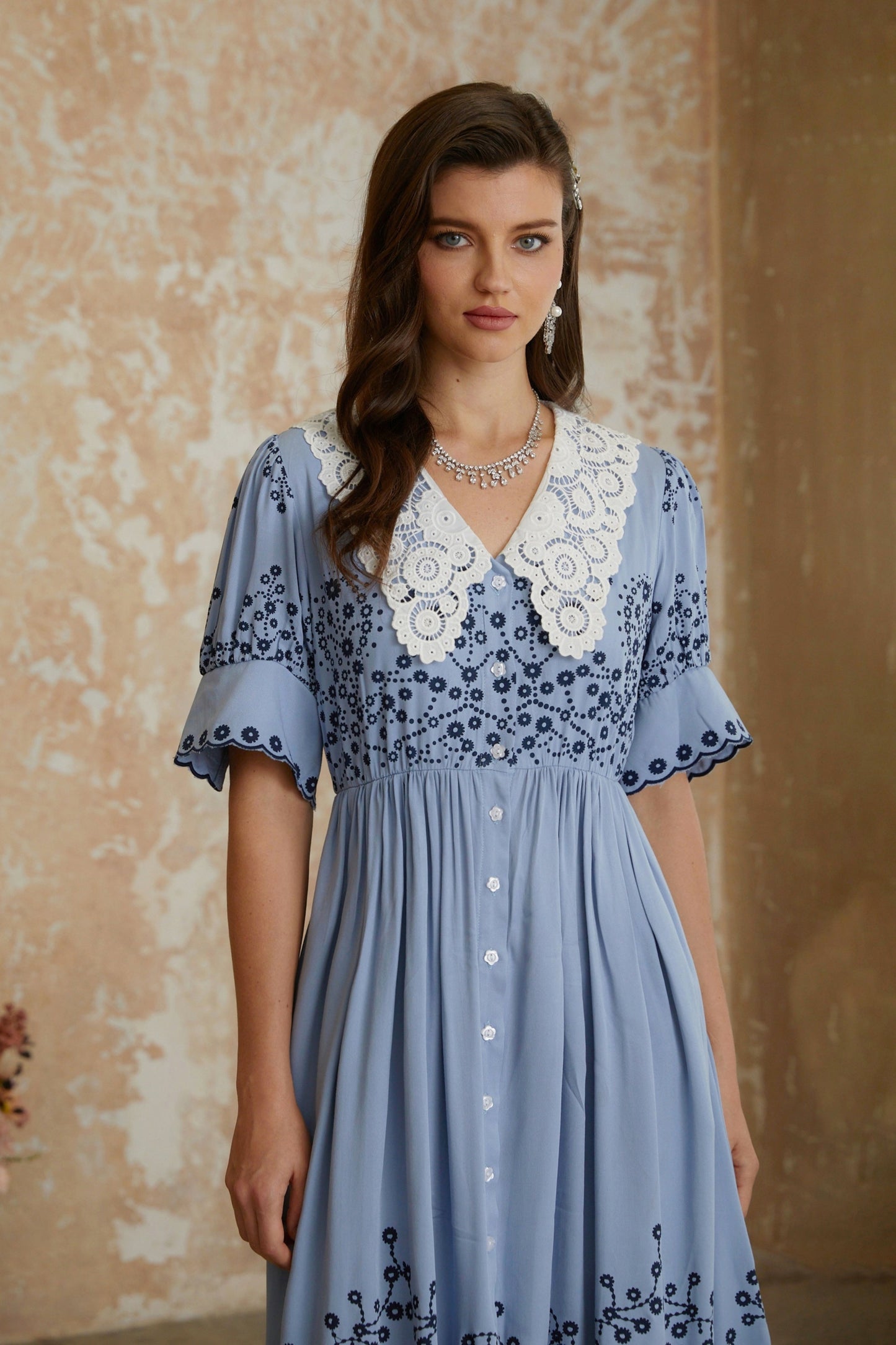 Violet Blue Floral Embroidered Midi Dress with Lace Lapels