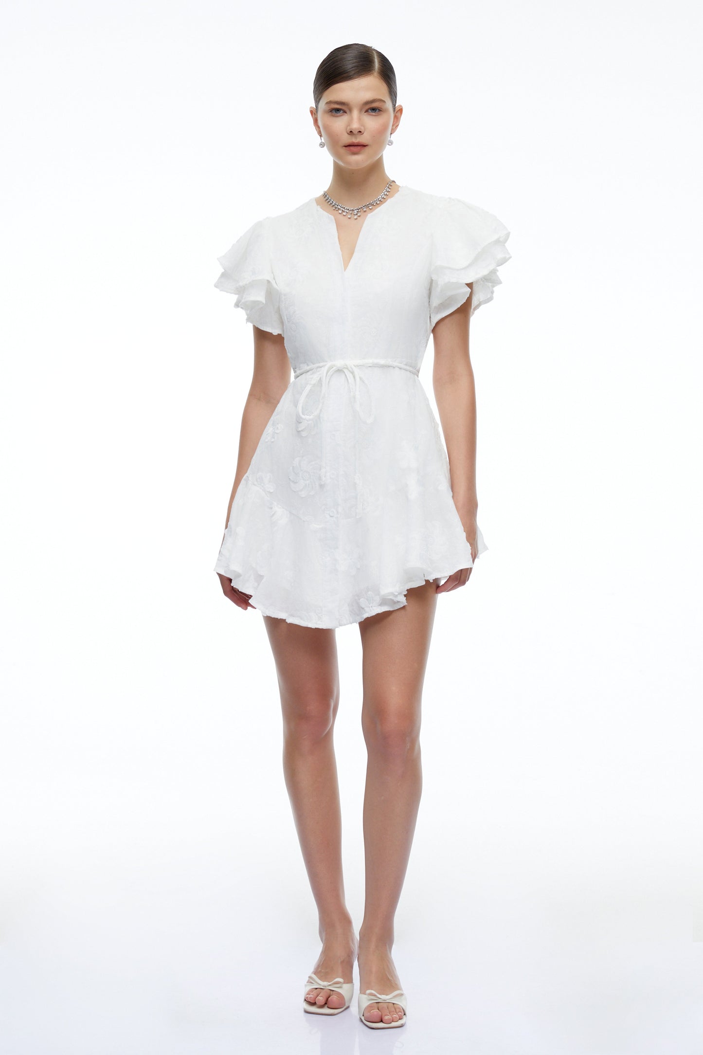 Violetta White Embroidered Mini Dress with Flutter Sleeves