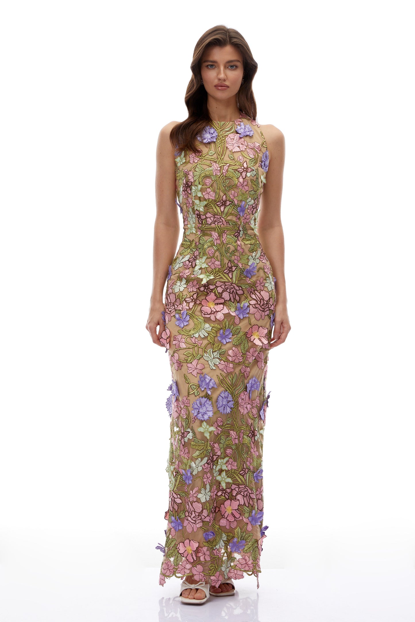 Violette Nude Halterneck Maxi Dress with 3D Florals