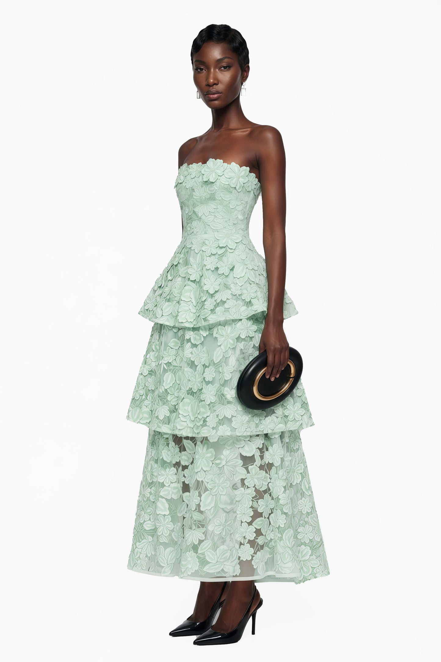 Viviana Green Tiered Midi Dress with 3D Florals