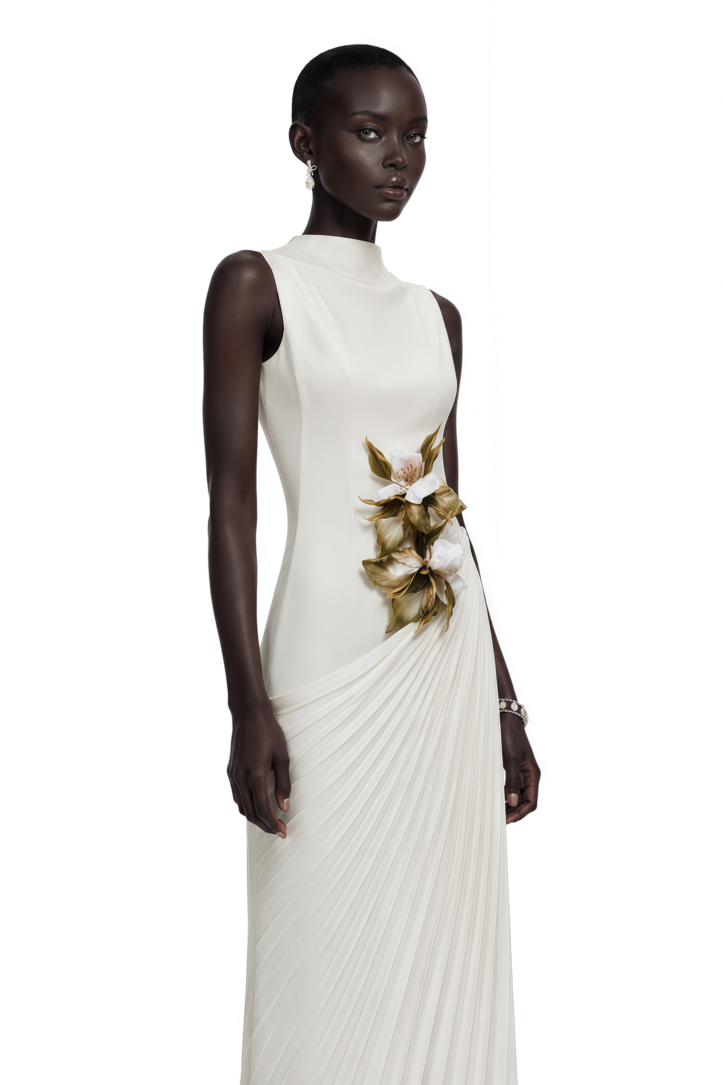 Vivienne White Sleeveless Pleated Maxi Dress with Floral Applique