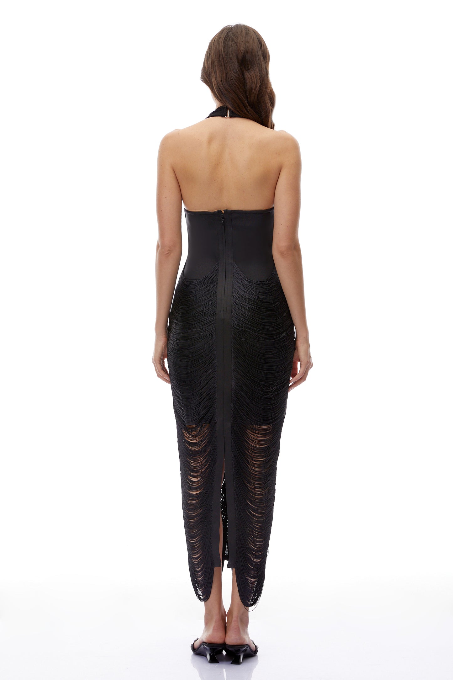 Wilma Black Halterneck Fringe Maxi Dress