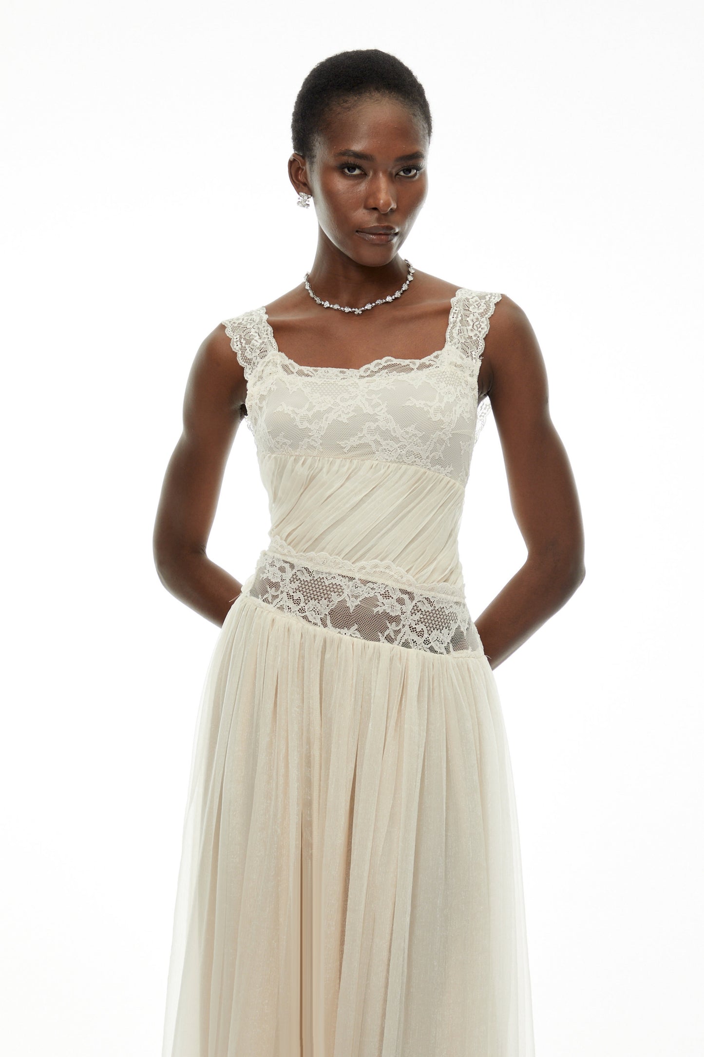 Wolfgang White Pleated Maxi Dress with Lace Panels