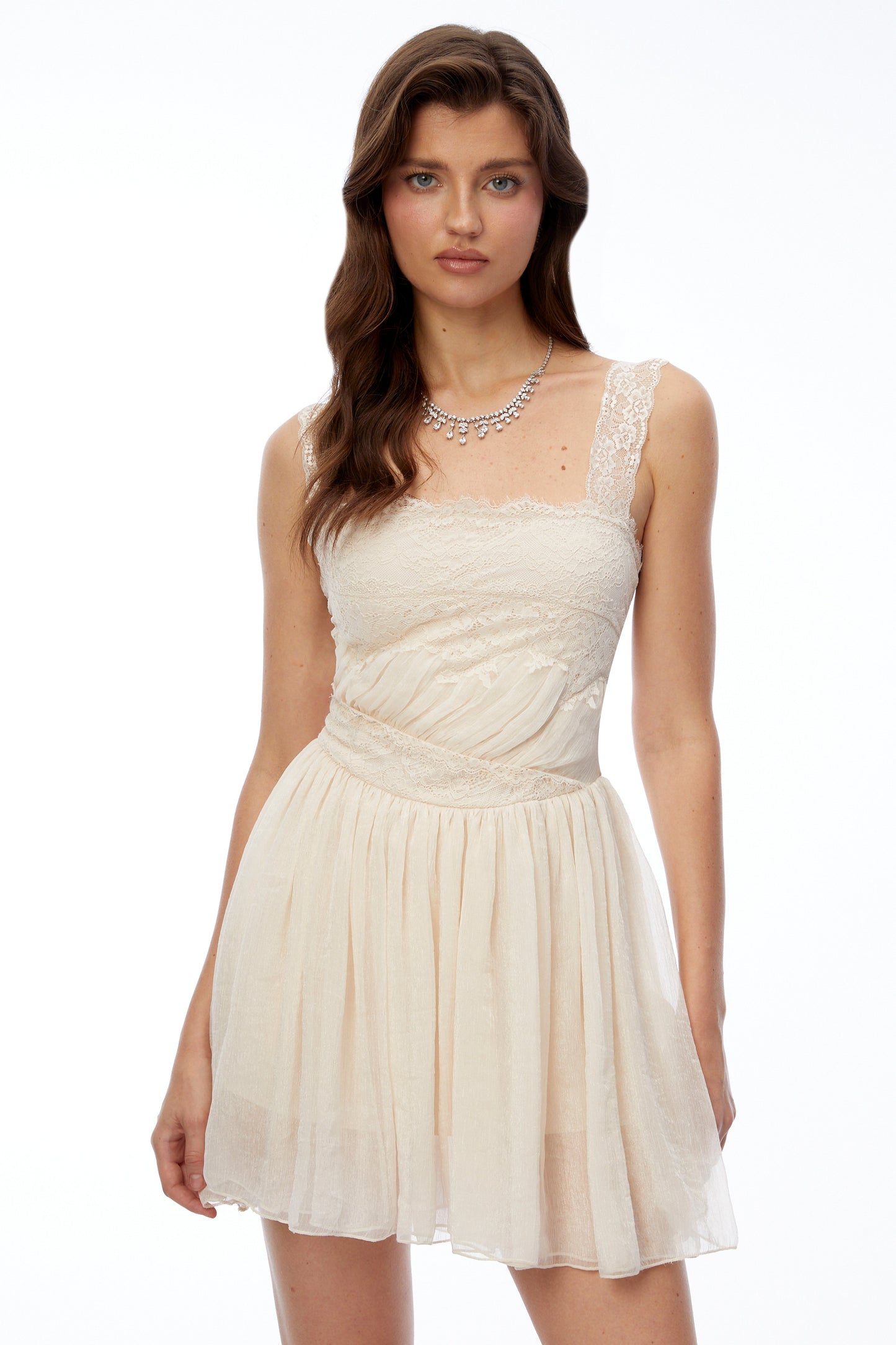 Wren Cream Square Neck Lace Pleated Mini Dress