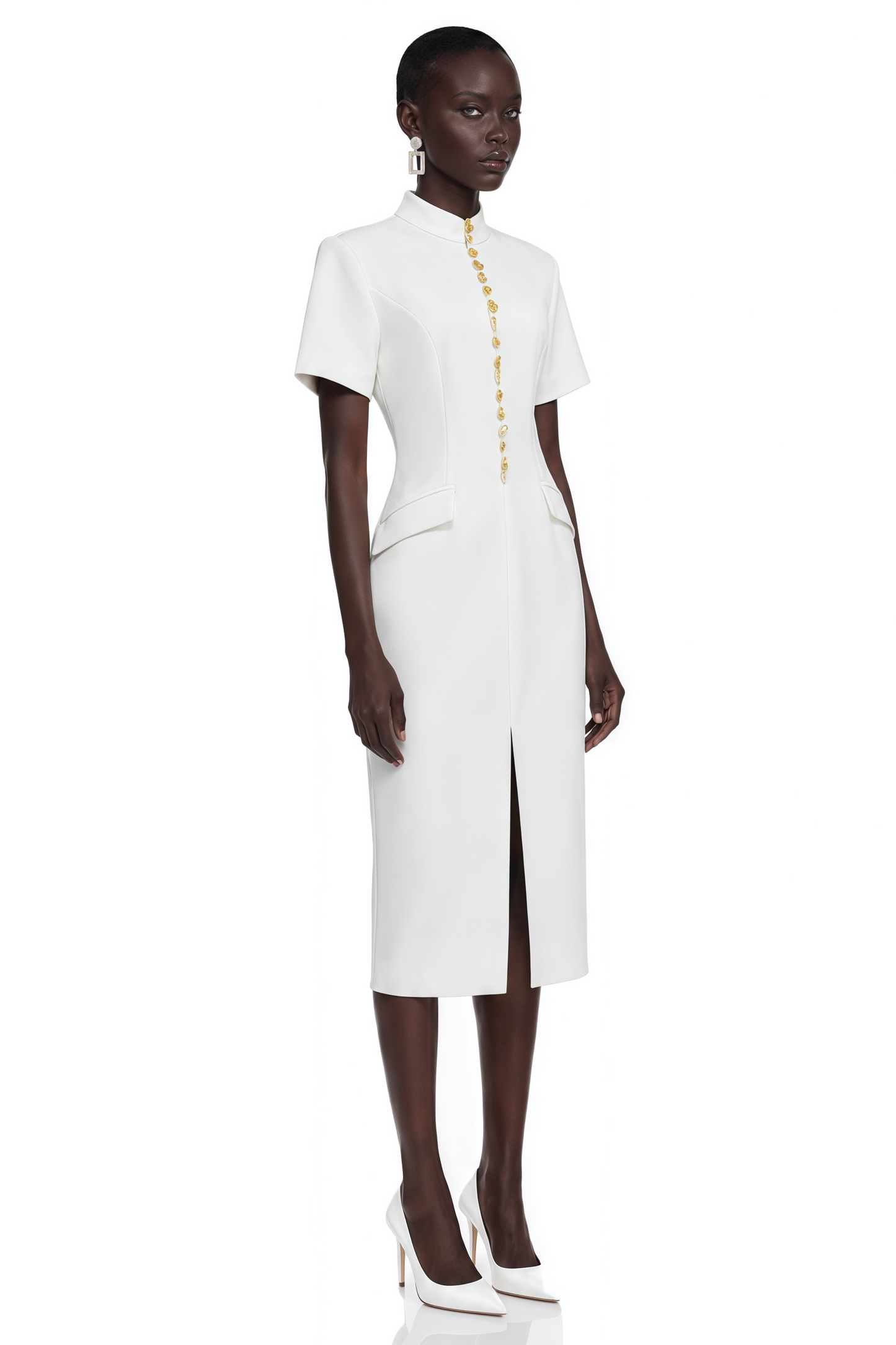 Xanthe White Stand Collar Gold Button Slit Midi Dress