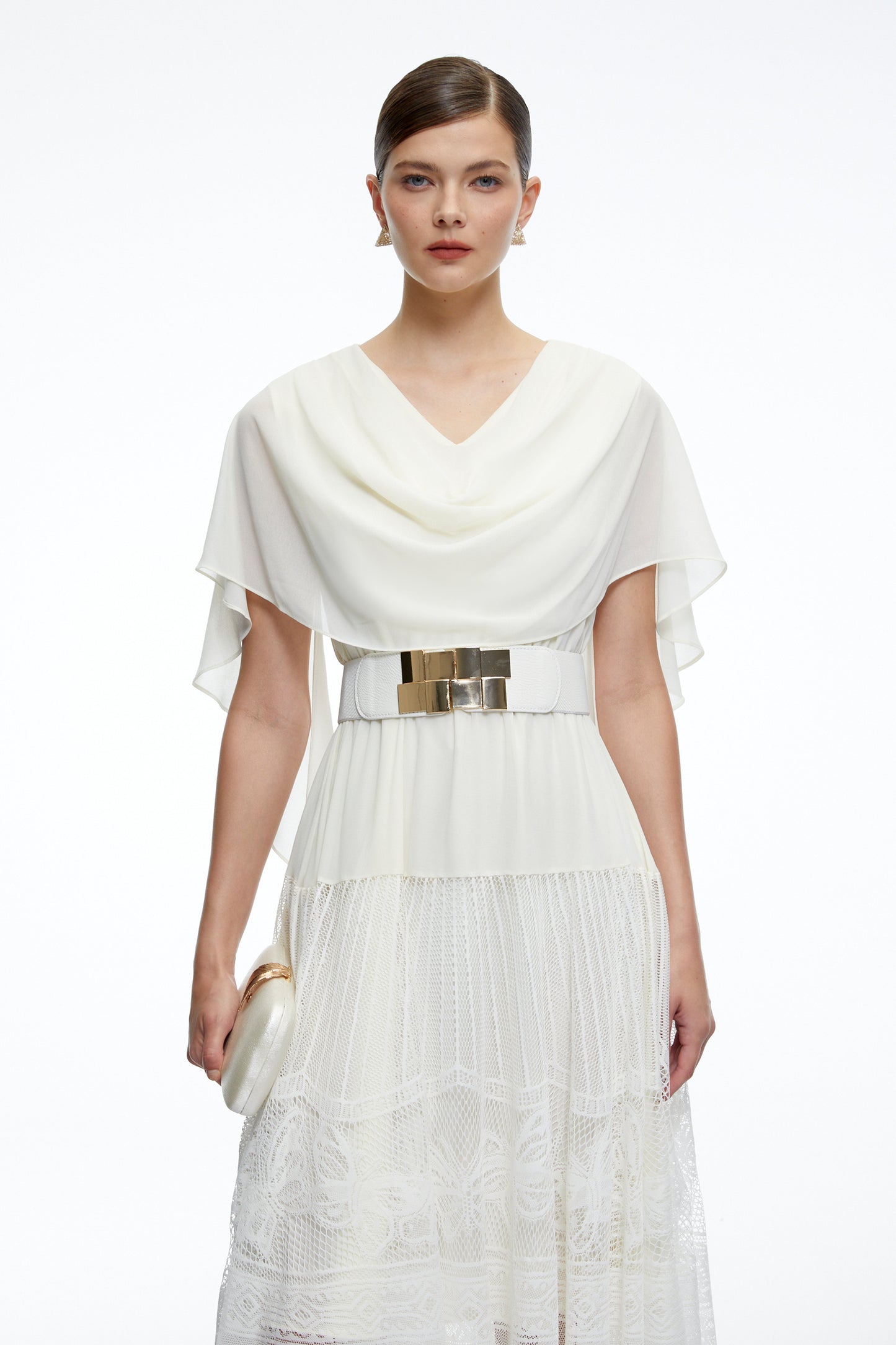 Yolaine White Cowl Neck Midi Dress with Lace Panels
