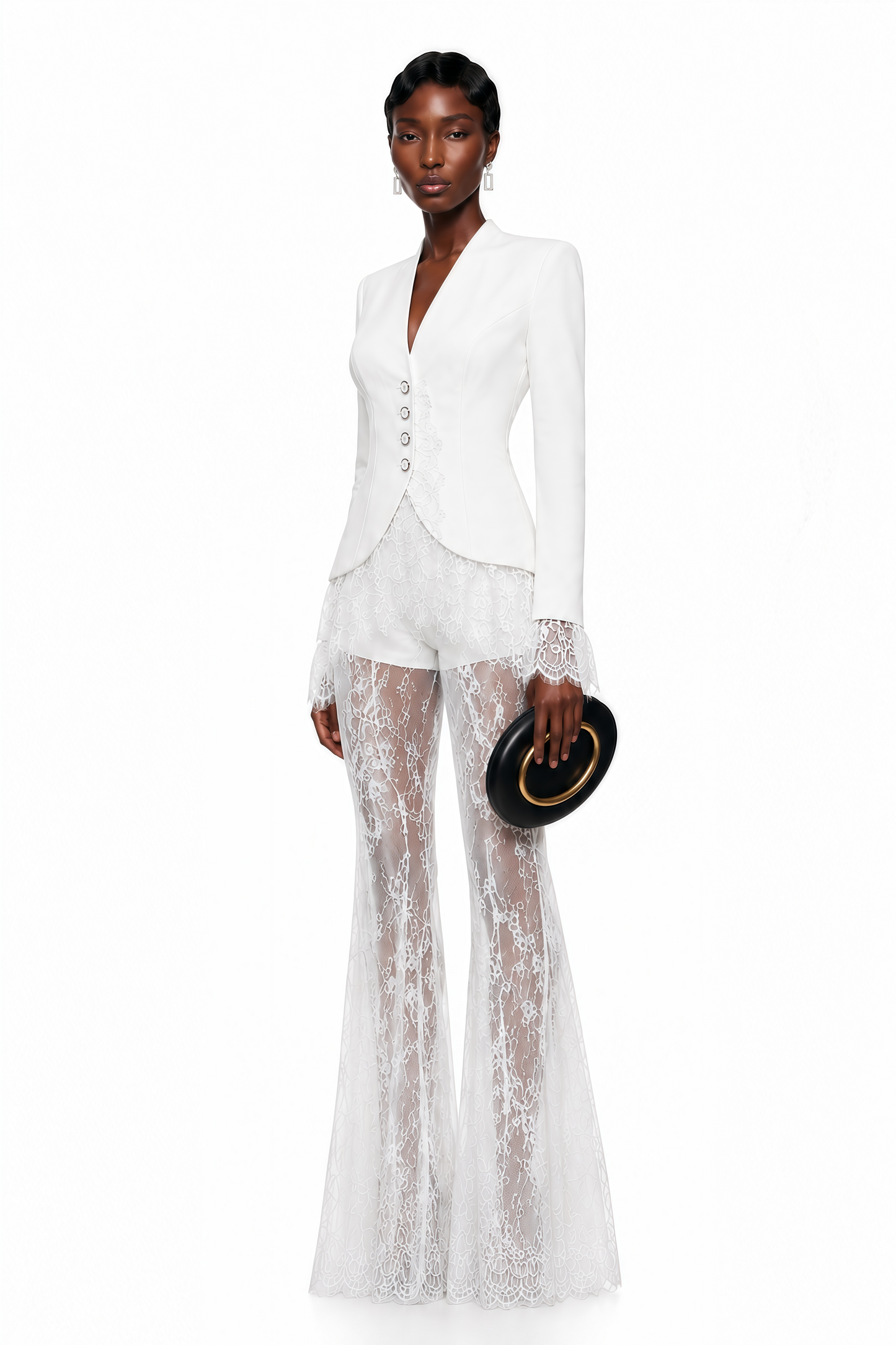 Yolanda White Lace Trim Blazer & Sheer Lace Trouser Set