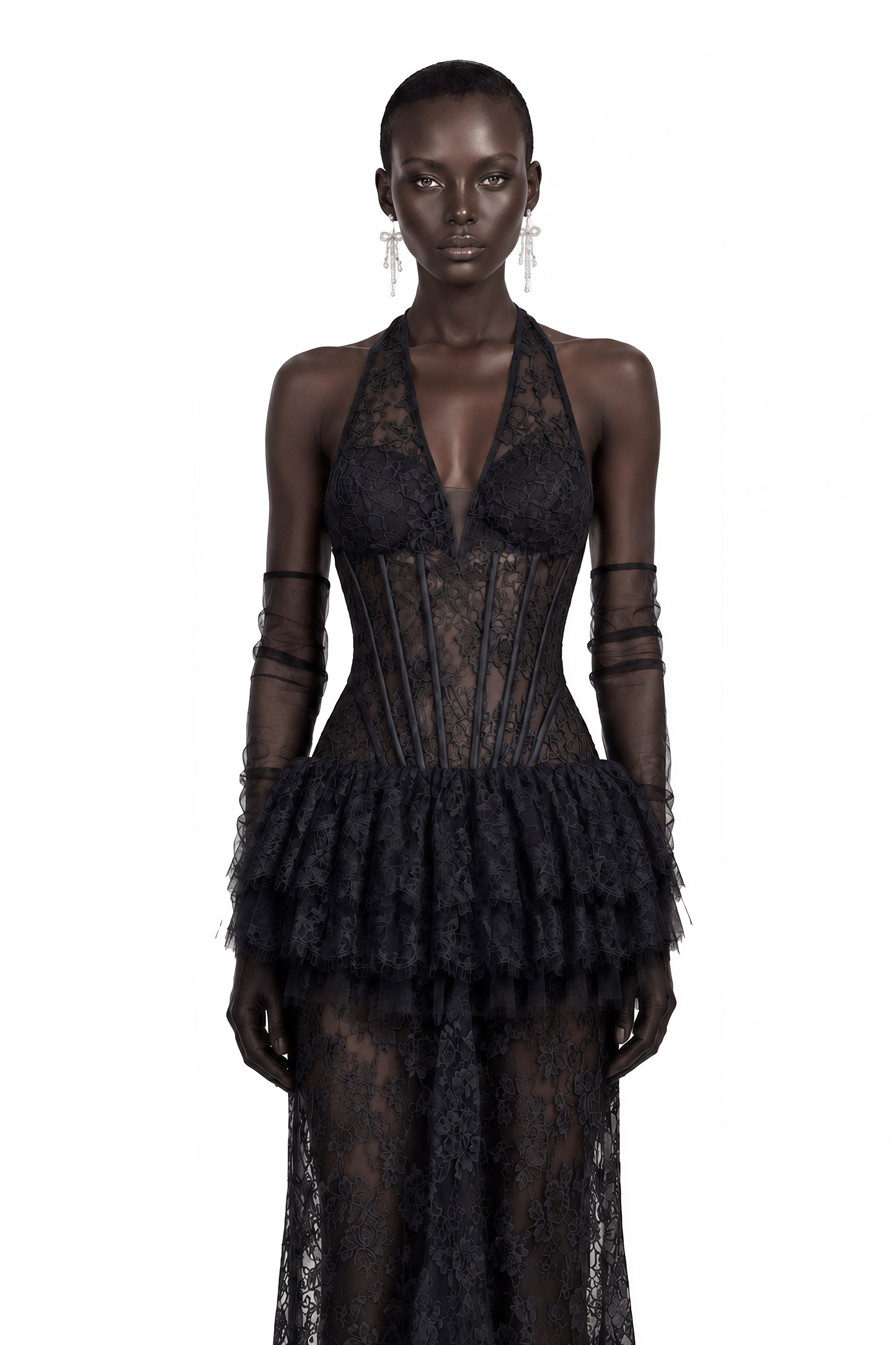 Yoliswa Black Floral Appliqué Tiered Maxi Dress