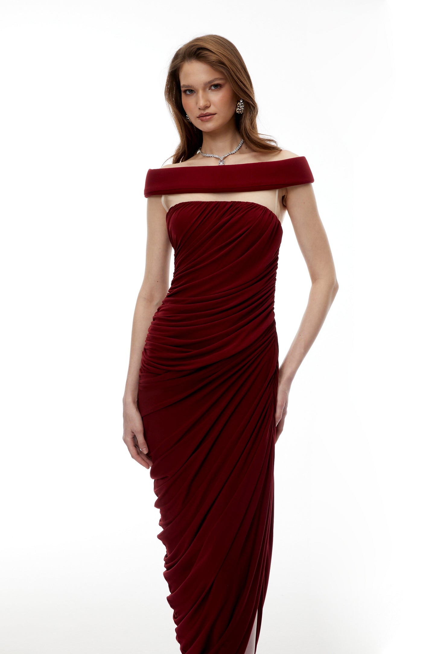 Zakiya Red Off Shoulder Ruched Maxi Dress