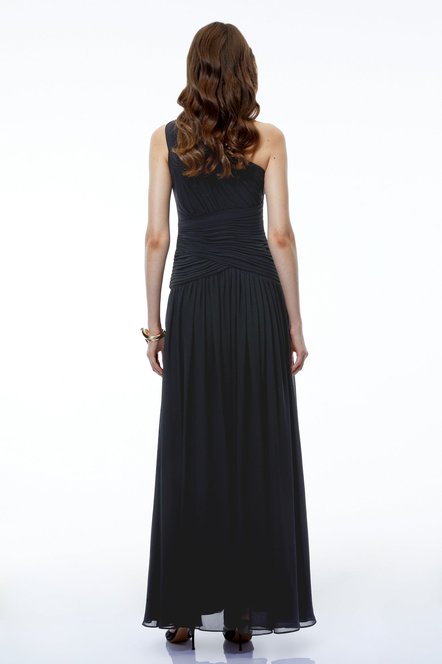 Zeliha Black One Shoulder Cross Front Ruched Maxi Dress