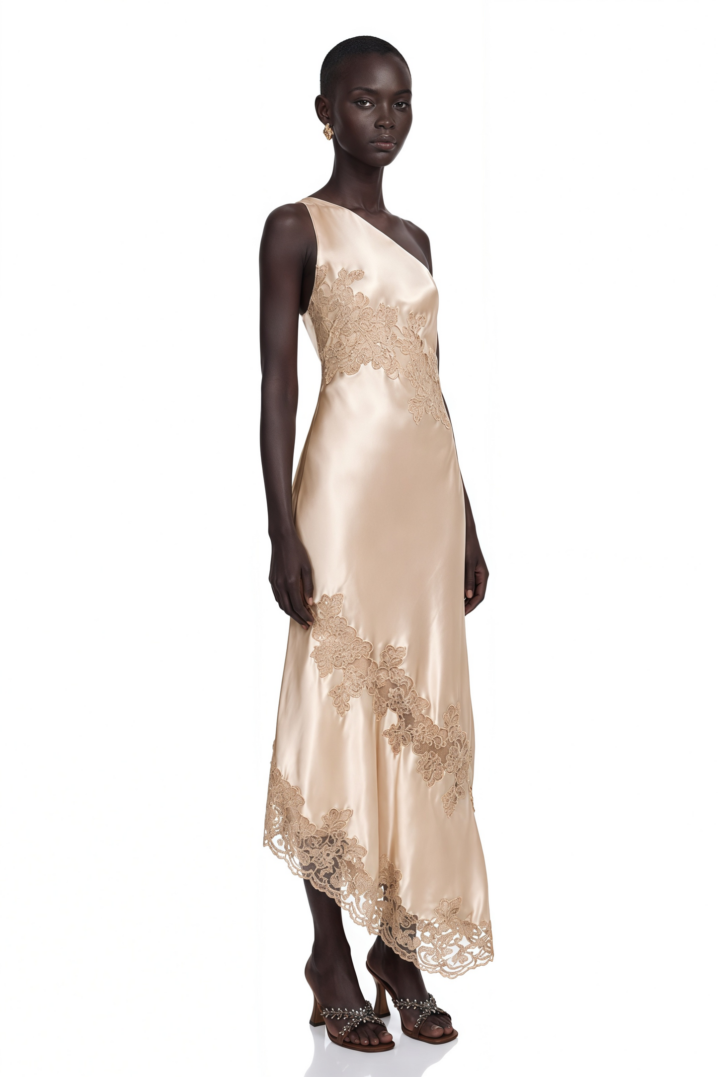 Zeynep Champagne Satin Maxi Dress with Lace Panels
