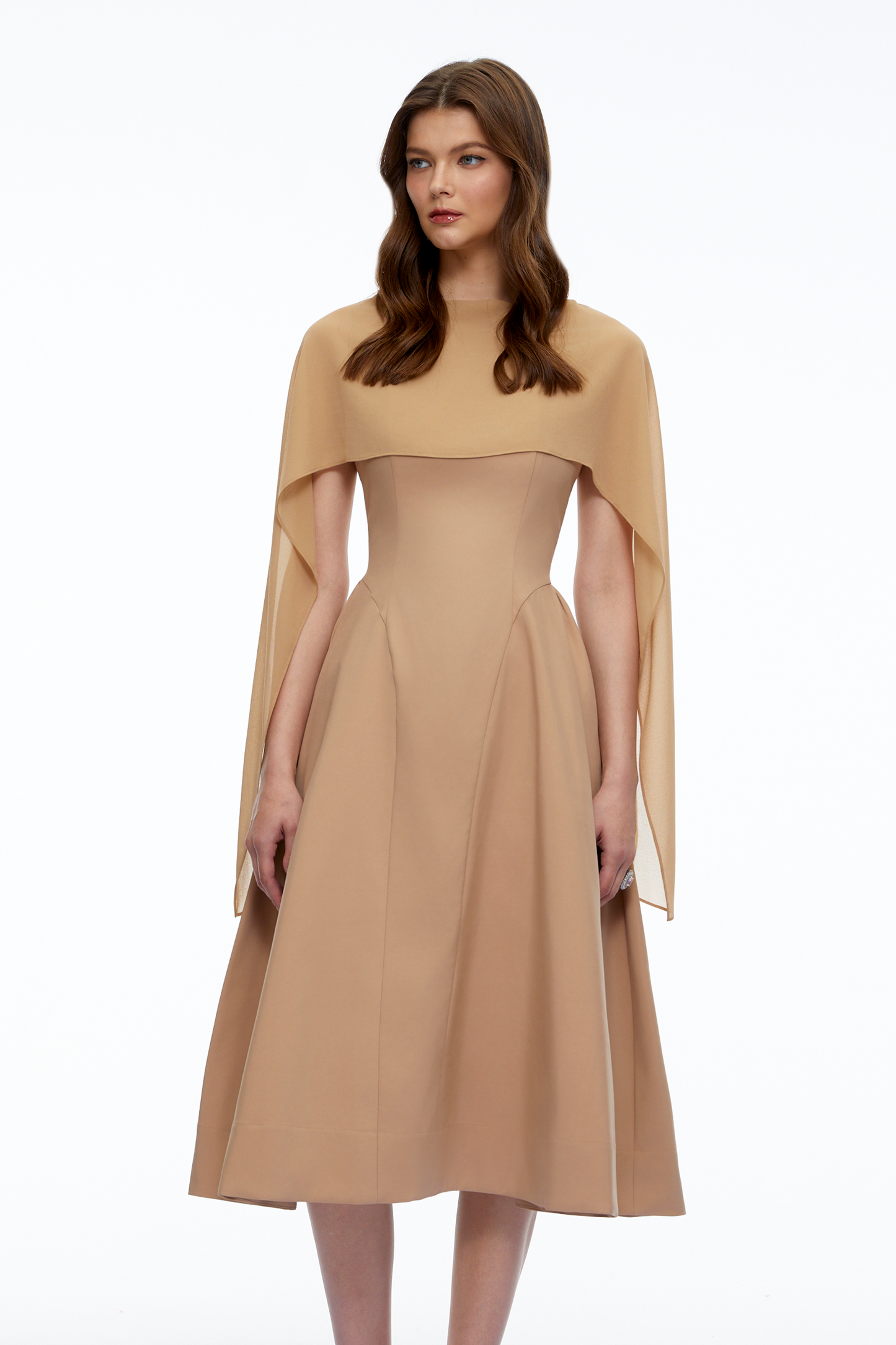 Zeynep Neutral Pleated Midi Dress with Cape