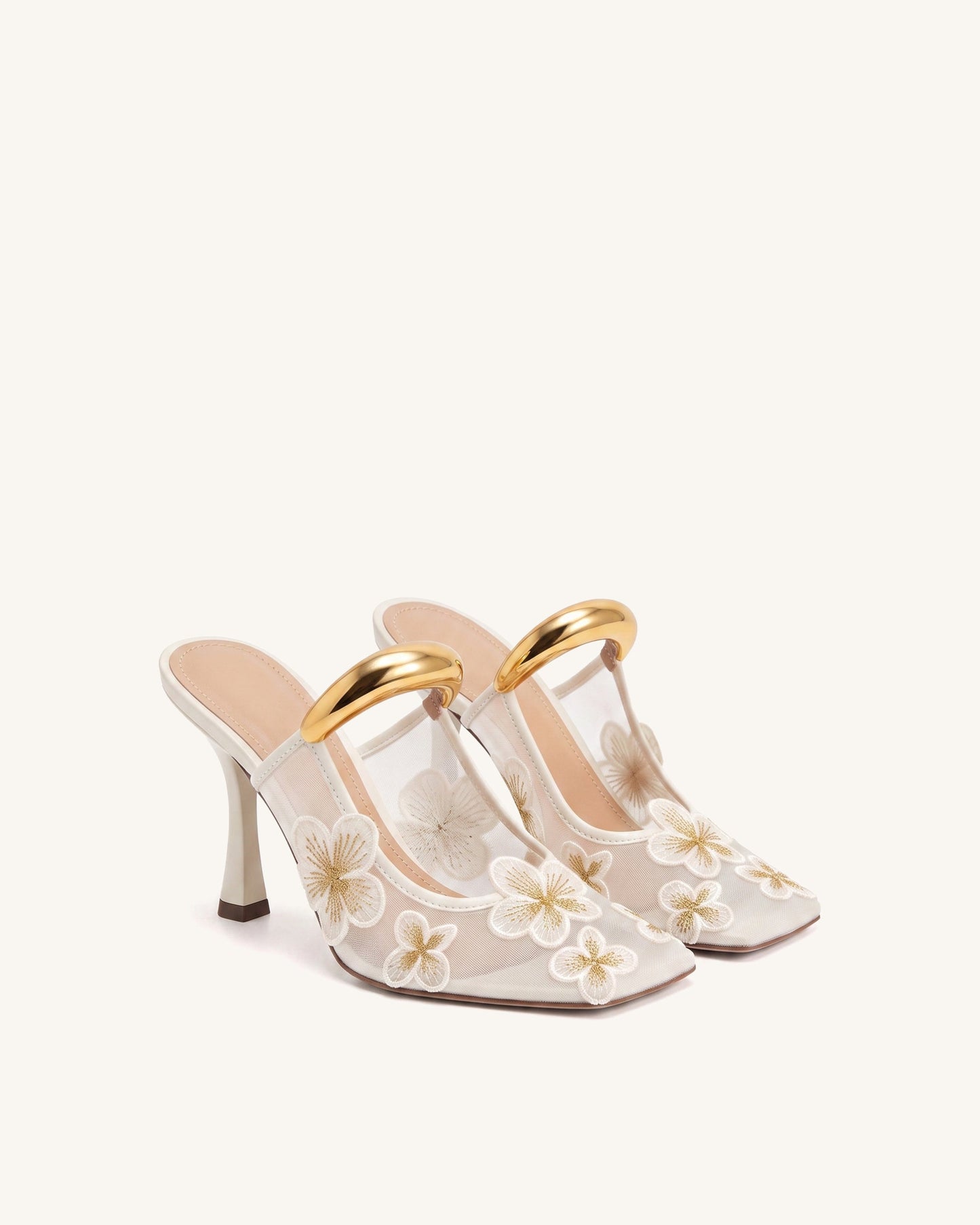 Mireille Pierced Floral Embroidered Appliqué Mesh Mules - Ivory