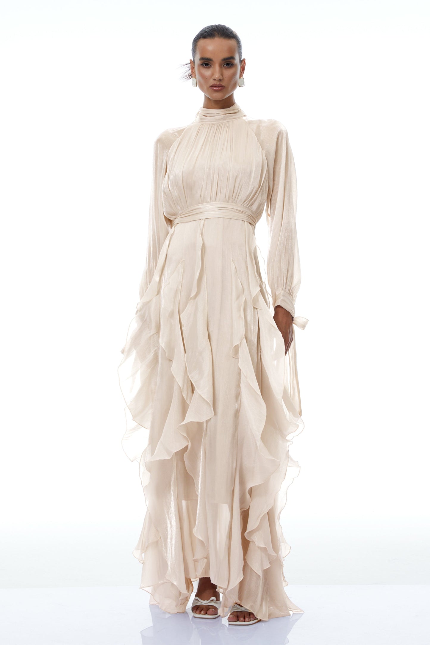 Zélie Neutral Glossy Pleated Ruffled Maxi dress