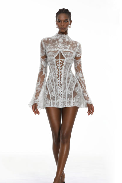 Bulelwa White Semi-Sheer Floral Lace Mini Dress