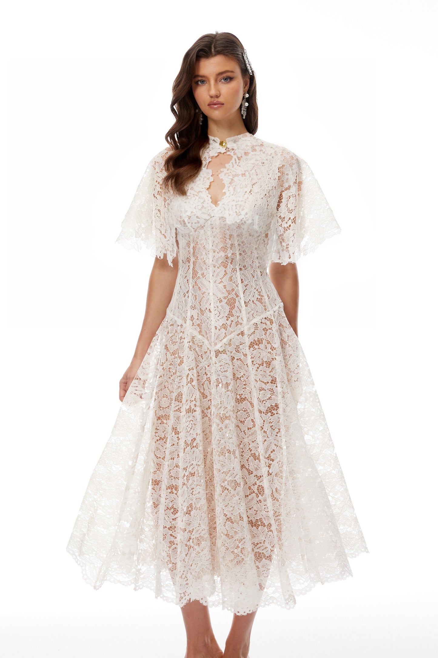 Alaia White Cape Design Floral Lace Midi Dress