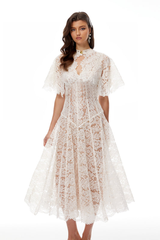 Alaia White Cape Design Floral Lace Midi Dress