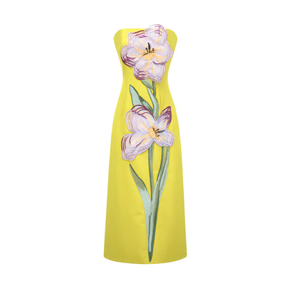 Irène Sequin Embroidered Off-Shoulder Midi Dress in Yellow