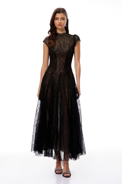 Velia Black Lace Glitter Tulle Maxi Gown