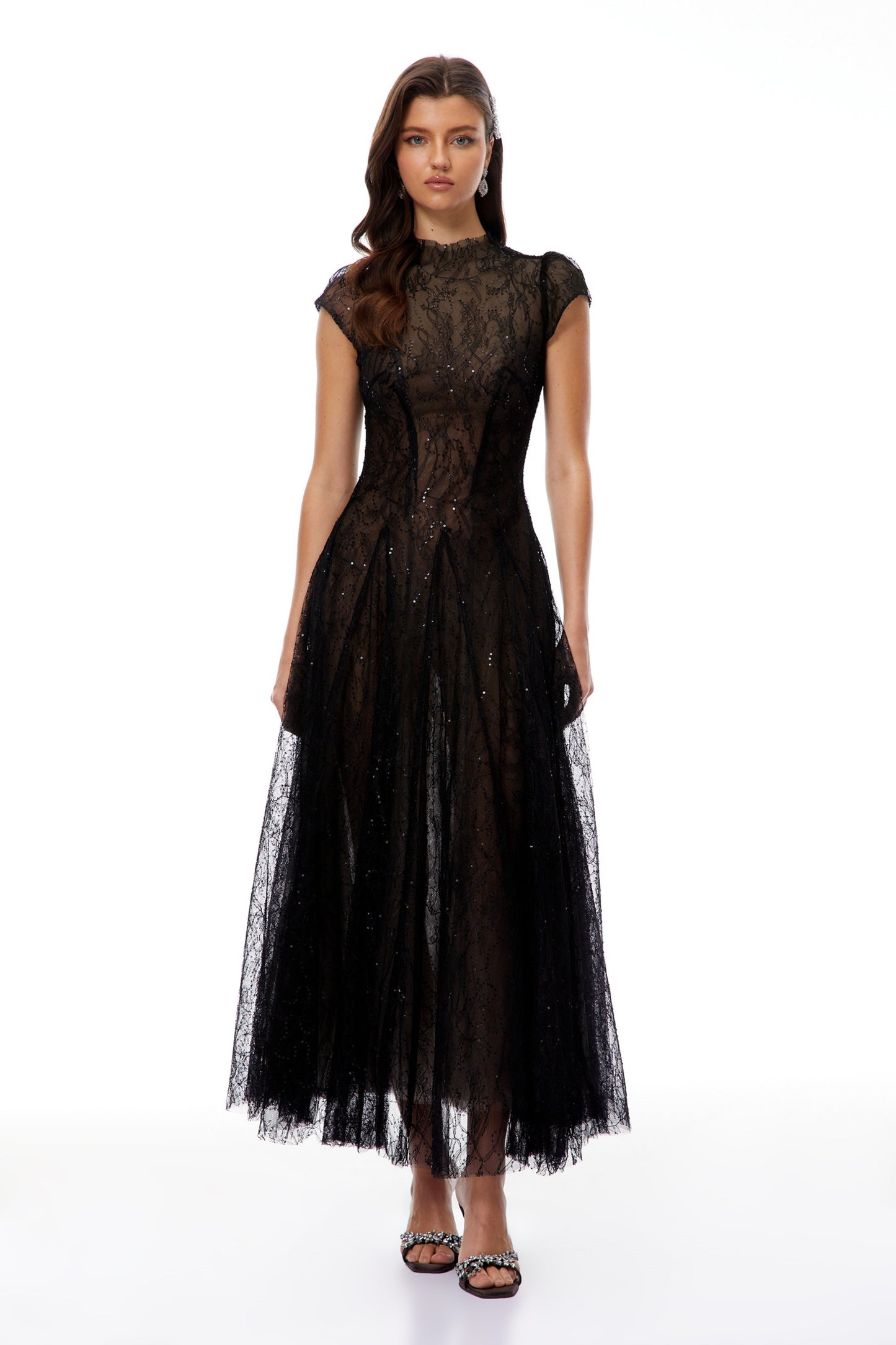 Velia Black Lace Glitter Tulle Maxi Gown
