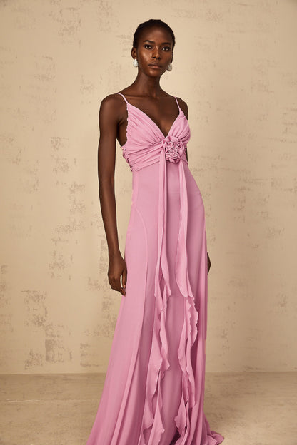 Ysandre Gül-Pembe 3D Petal Tül Maxi Elbise
