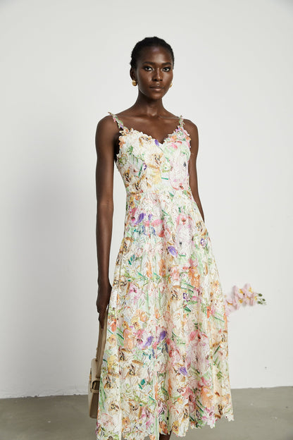 Enora Lace Floral Embroidered Midi Dress