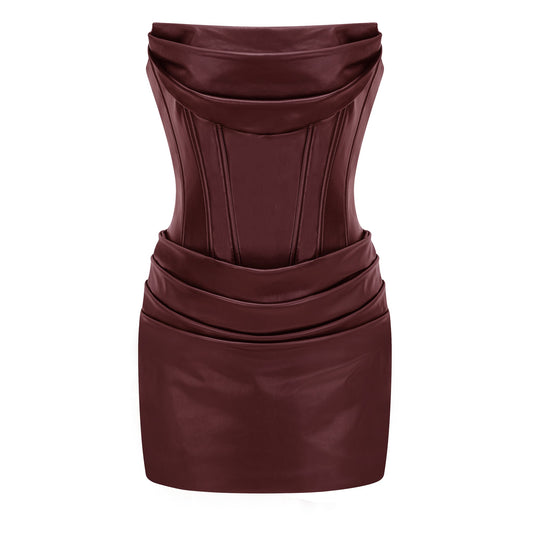 Agnes Brown Ruched Leather Bodycon Mini Dress
