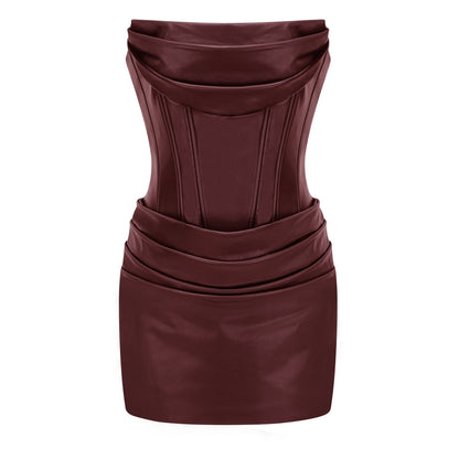 Agnes Kahverengi Dantelli Deri Bodycon Mini Elbise