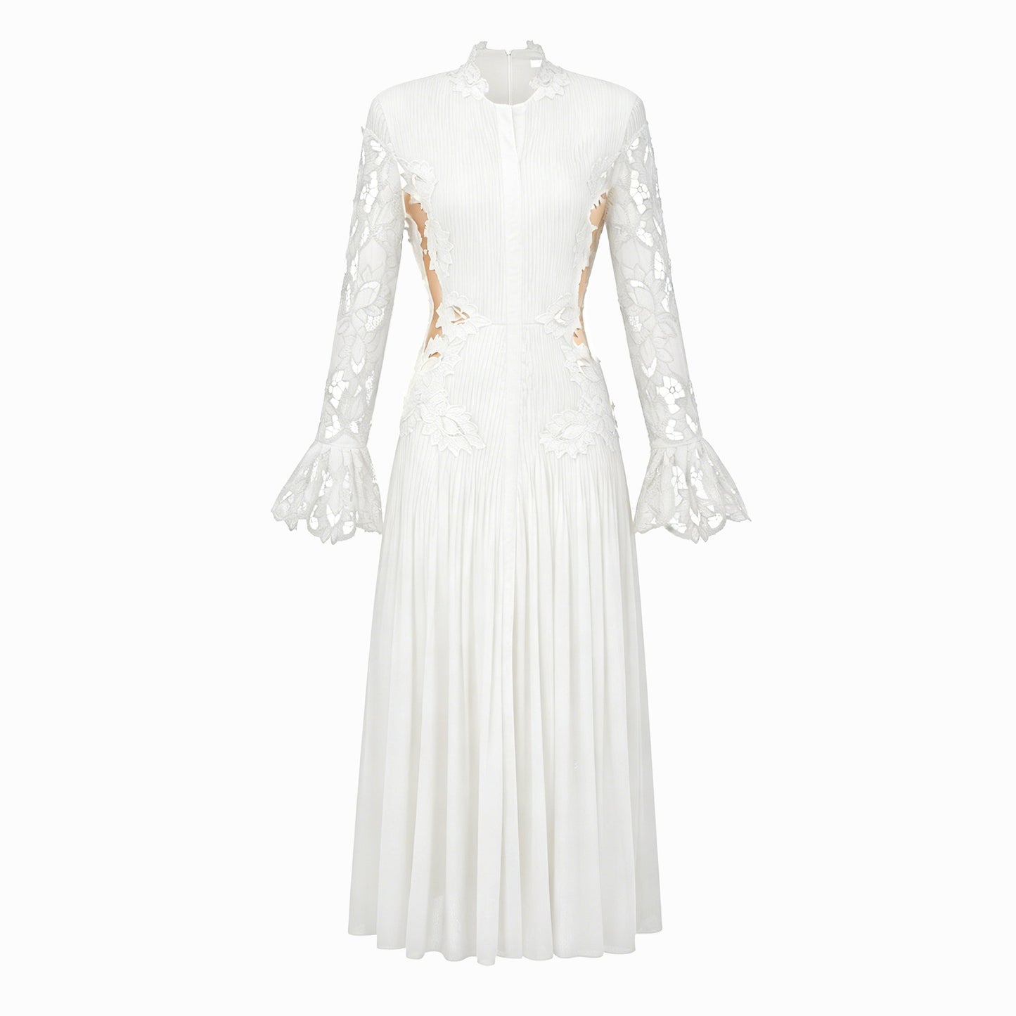 Chiara White Lace Panel Pleated Midi Dress