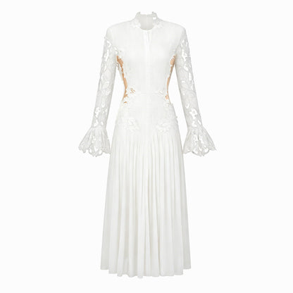 Chiara White Lace Panel Pleated Midi Dress