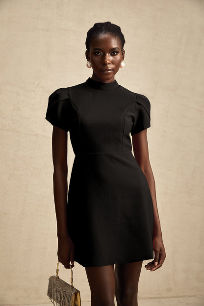 Anna Black Petal-Sleeve Cut-Out Bow Mini Dress