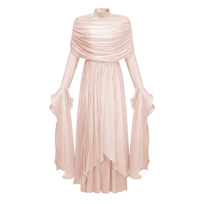 Gustave Pink Ruched Cape Ruffled Maxi Dress