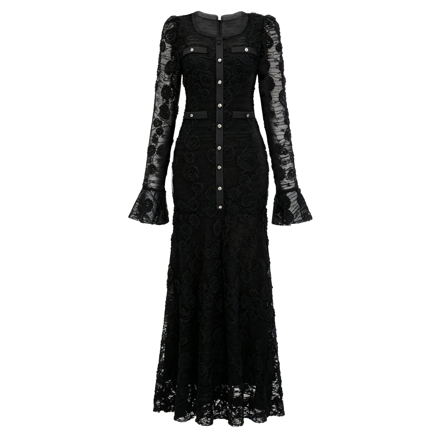 Branwen Black 3D-Floral Embroidered Lace Maxi Dress