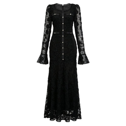 Branwen Black 3D-Floral Embroidered Lace Maxi Dress