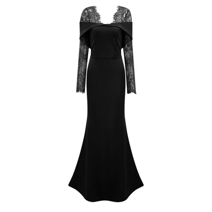 Georgiana Black Lace Panel Flared Maxi Gown