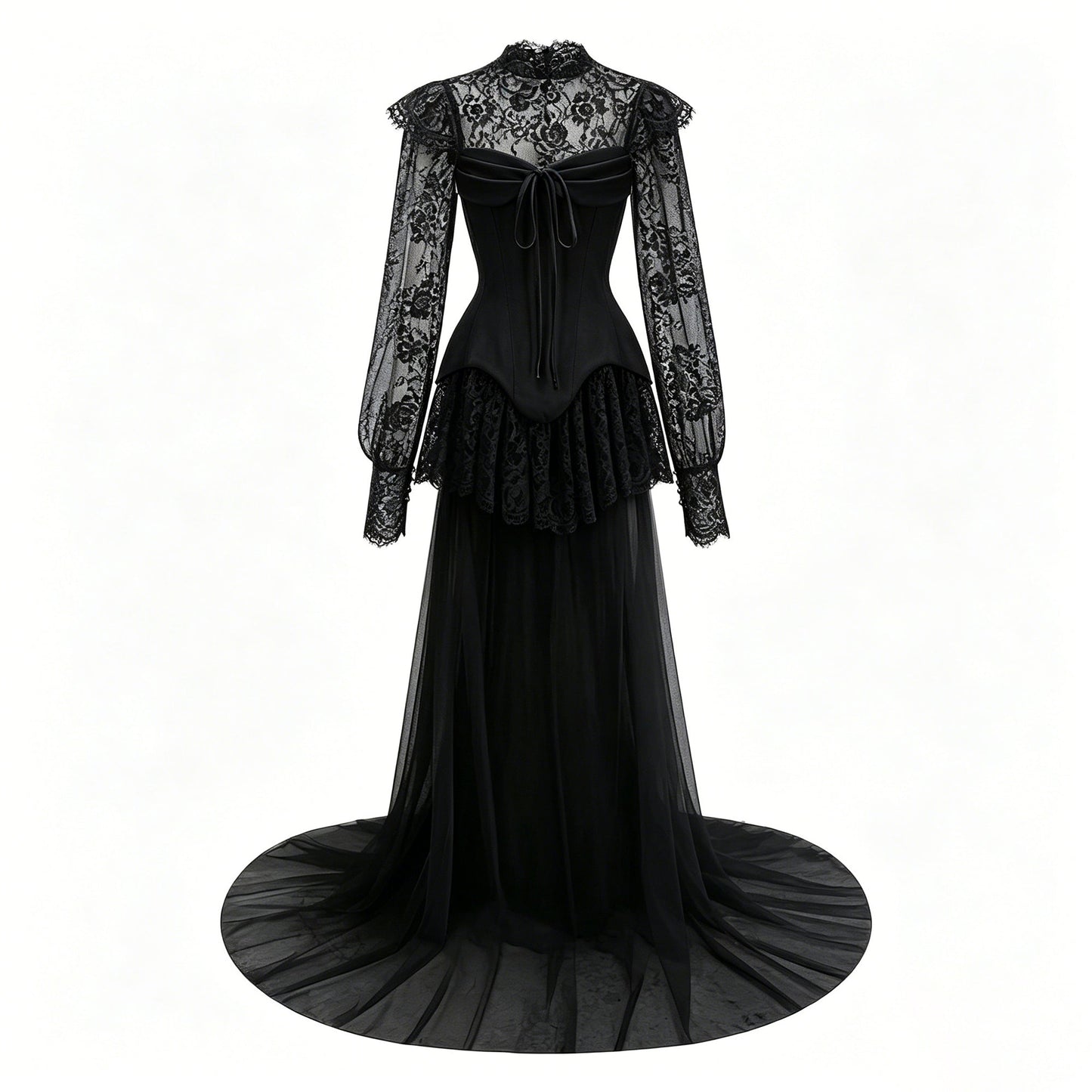 Michalina Black Lace Convertible Gown with Long Sleeves
