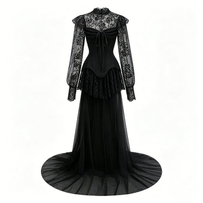 Michalina Black Lace Convertible Gown with Long Sleeves
