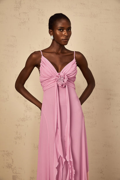 Ysandre Gül-Pembe 3D Petal Tül Maxi Elbise