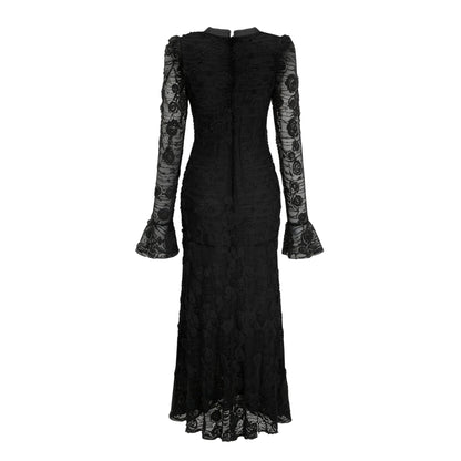 Branwen Black 3D-Floral Embroidered Lace Maxi Dress