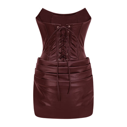 Agnes Kahverengi Dantelli Deri Bodycon Mini Elbise