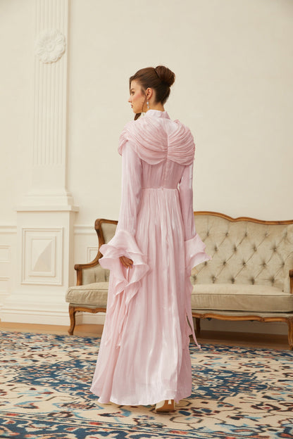 Danuta Pembe Dantelli Pileli Maxi Elbise