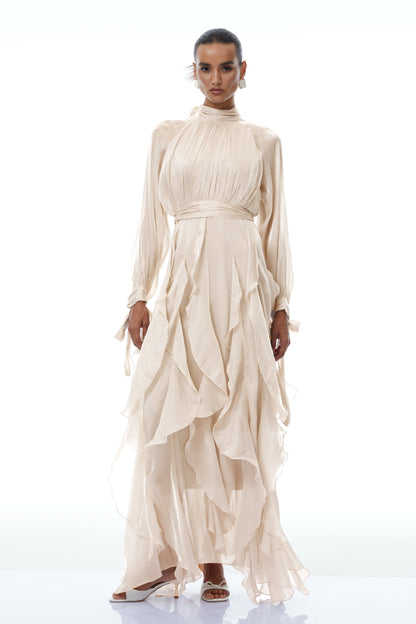 Zélie Neutral Glossy Pleated Ruffled Maxi dress