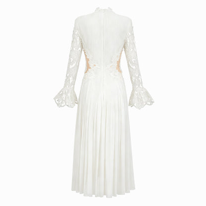 Chiara White Lace Panel Pleated Midi Dress
