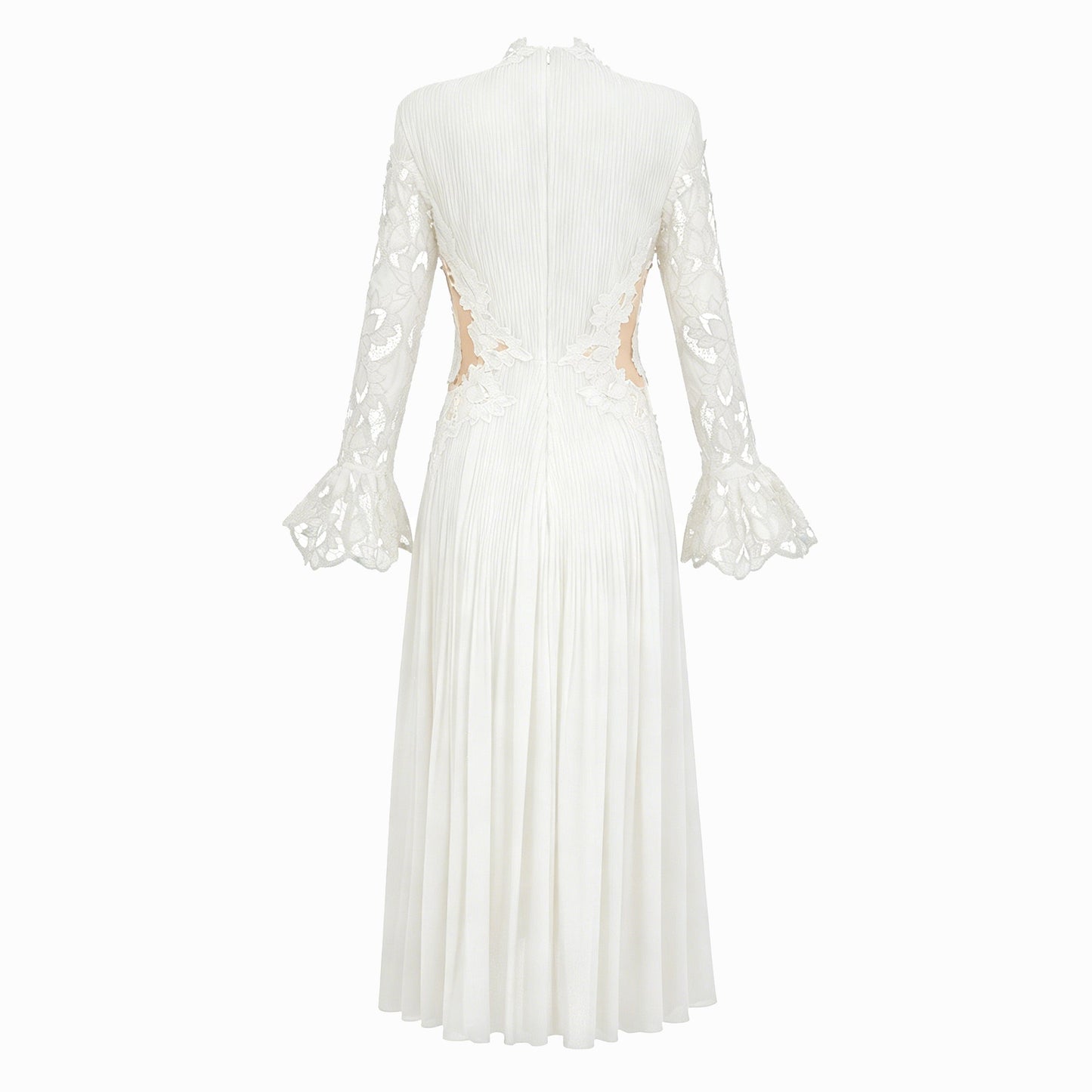 Chiara White Lace Panel Pleated Midi Dress
