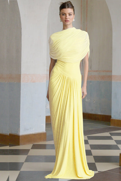 Sarı Catherine asimetrik pilili maxi elbise